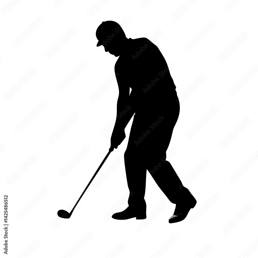 Golfer preparing to swing club on the course during sunny day amidst green landscape and clear blue sky Golfer preparing to swing club on the course during sunny day amidst green landscape and clear blue sky