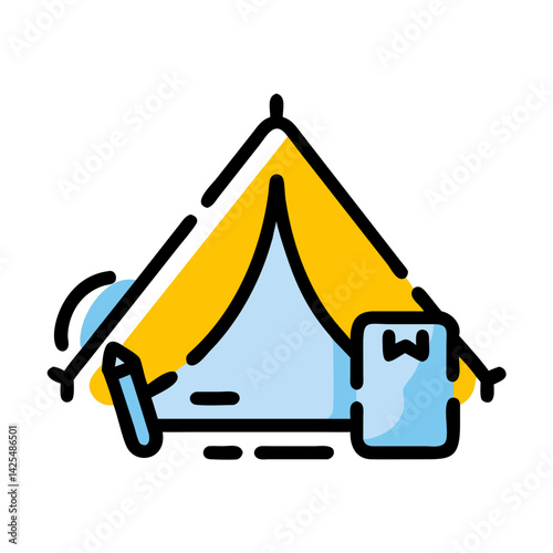 Camping gear set up near a colorful tent surrounded by nature during a sunny afternoon in the forest