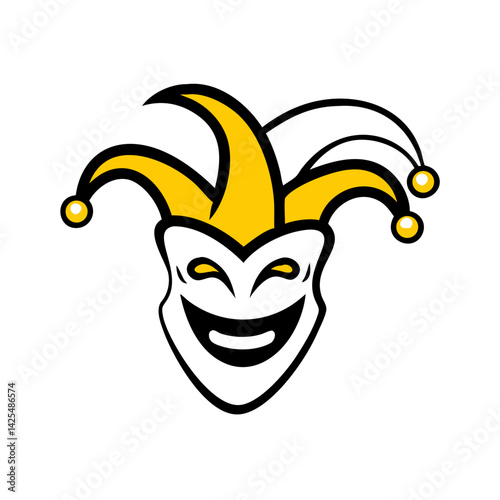 Iconic jester face symbol with distinct yellow and black colors, representing playfulness and festivity in artistic designs
