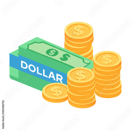 Stacks of gold coins and dollar bills represent financial growth and wealth accumulation in a vibrant graphic display