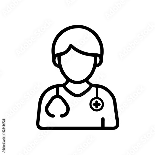 Illustration of a healthcare professional in scrubs wearing a stethoscope and medical symbol, representing care and compassion in the medical field