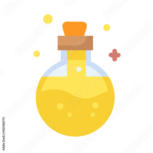Vibrant yellow potion in a round glass bottle with a cork lid sitting on a plain background, suggesting a magical or alchemical theme