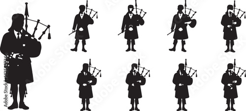 Eight Bagpipers Silhouettes Scottish Highland Dress