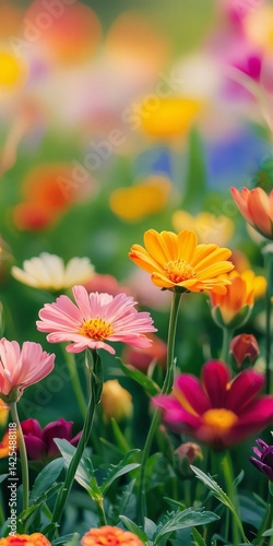 Un vibrante campo de flores con tonos rosados, naranjas y morados, con un fondo borroso y colorido.