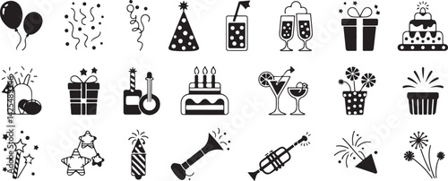 Celebration Party Icons Black and White Vector Set