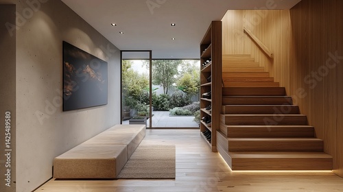 Modern Home Interior Design: Wooden Staircase and Minimalist Living Space