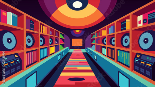 A digital illustration of a record store with rows of colorful vinyl record covers on display inviting customers to explore the art and music inside. Vector illustration