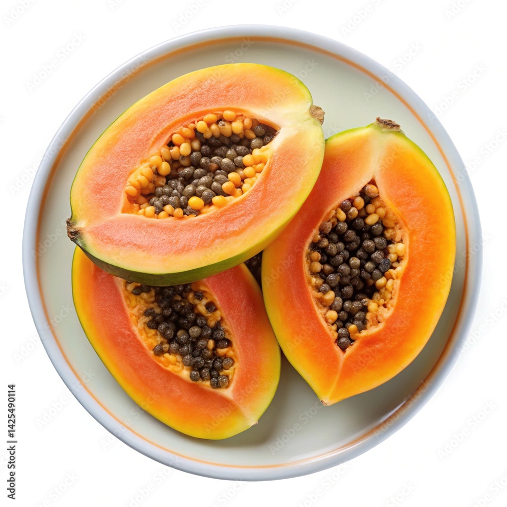 Overhead shot of cut papaya fruit arranged on a round plate Overhead shot of cut papaya fruit arranged on a round plate