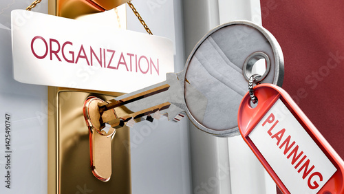 Planning leads to Organization - it's a key to unlock organization. A door key metaphor ,3d illustration
