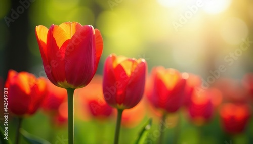 Vibrant tulips burst open, showcasing rich hues in spring sunlight , spring flowers, flowers