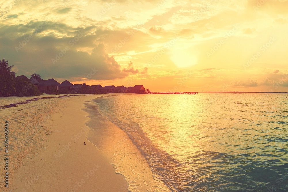 Fototapeta premium Beautiful sunset on the beach with sky and clouds. Stunning seascape background. Panoramic view of the sea, sand, and waves on a summer day. Vintage tone effect. Sunlight reflecting on the ocean water