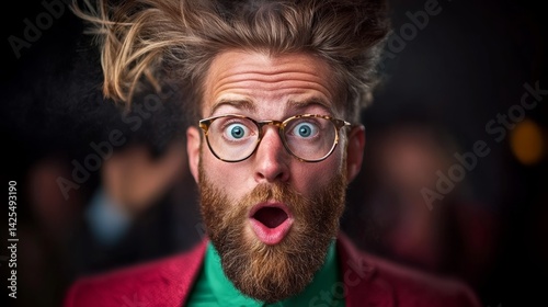 Man with a beard and glasses is looking surprised. He is wearing a red jacket and green shirt