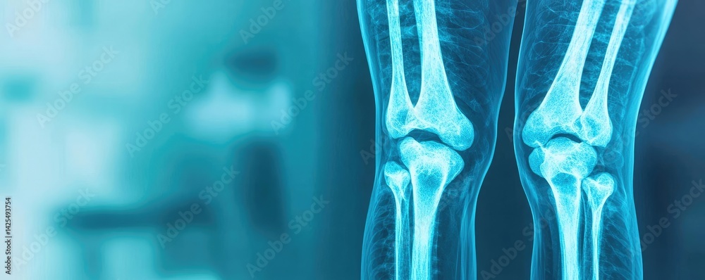 X-ray of knee joint orthopedics treatment technology concept. X-ray image of human legs showing knee joints and bones. X-ray of knee joint orthopedics treatment technology concept. X-ray image of human legs showing knee joints and bones.
