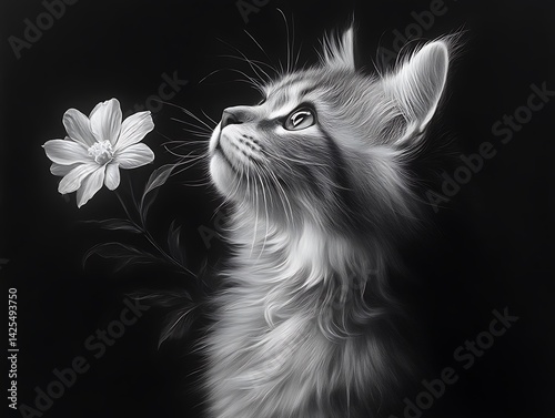 Kitten gazing flower black background