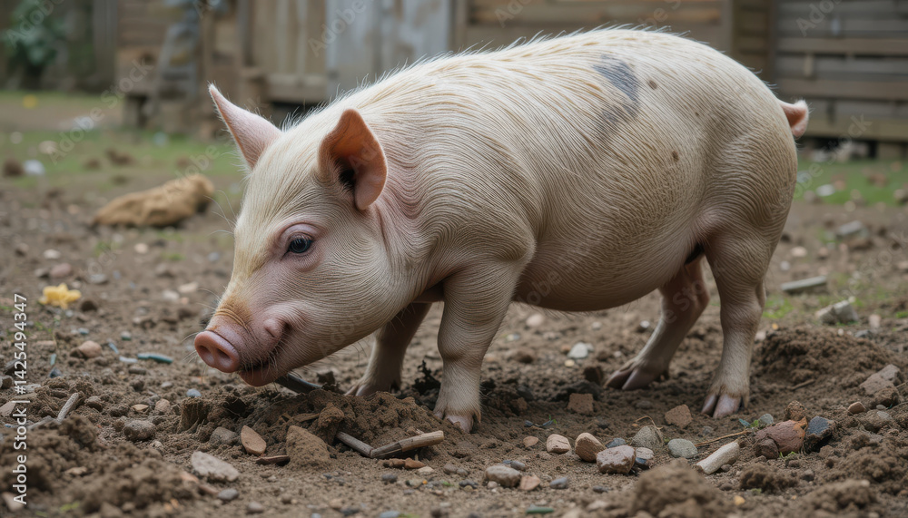 A small piglet exploring a dirt ground in a natural setting. A small piglet exploring a dirt ground in a natural setting.