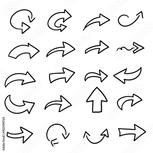Hand drawn arrow vector icons set. Sketch arrow design for business plan and education. Set of arrows black icons. Circle arrows, rotate arrow, redo process symbol.