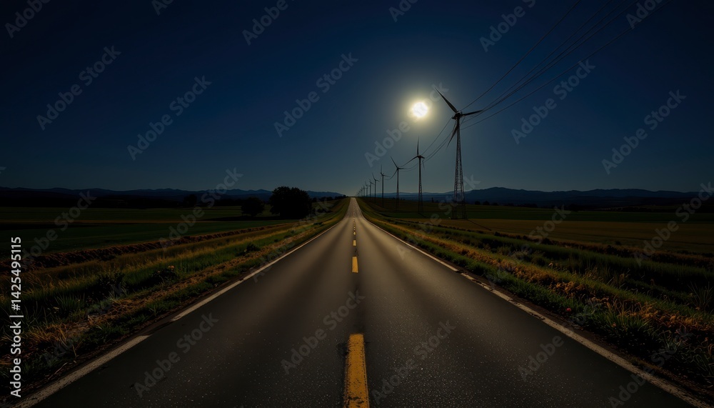 Fototapeta premium Serene Night Road Under Bright Full Moon with Wind Turbines in the Distance and Scenic Landscape View