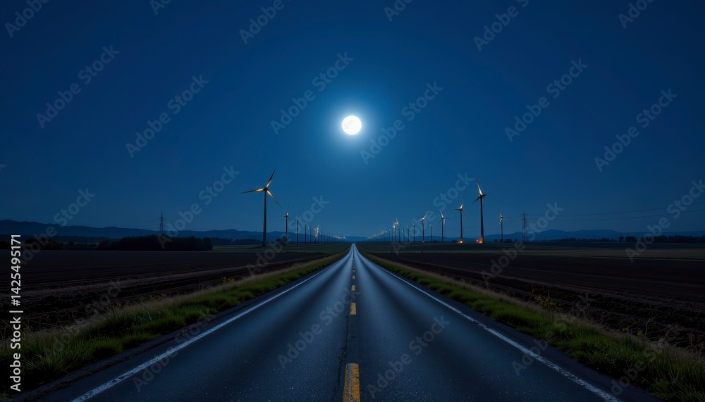 Fototapeta premium Serene Night Landscape with a Long Road and Wind Turbines Under a Bright Full Moon