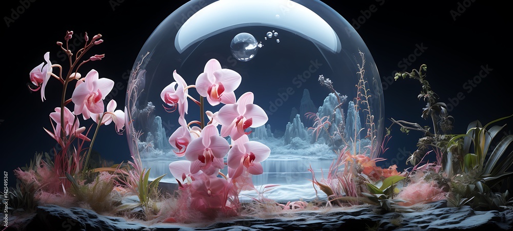 Obraz premium Mini world of orchid in round magic protector, ai generative