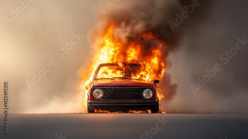 Red car is on fire and surrounded by smoke. The car is on a road and the fire is coming from the front of the car. The scene is intense and dramatic