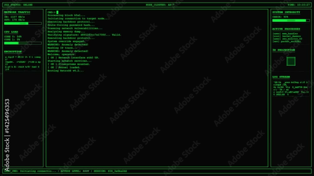 Animated retro-futuristic hacker interface. Green monochrome display ...