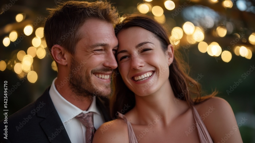 A joyful couple shares a moment of connection, surrounded by warm fairy lights that create a dreamy atmosphere during a lovely evening. Their smiles reflect happiness and love A joyful couple shares a moment of connection, surrounded by warm fairy lights that create a dreamy atmosphere during a lovely evening. Their smiles reflect happiness and love