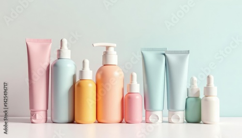 Various cosmetic containers on a white backdrop, studio, makeup, matte