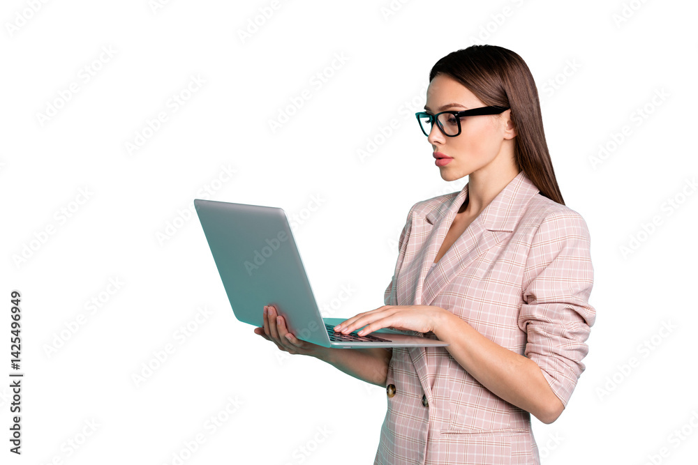 Profile side view portrait of nice attractive lovely gorgeous pretty content smart clever straight-haired lady working remote isolated over bright vivid shine blue green teal turquoise background Profile side view portrait of nice attractive lovely gorgeous pretty content smart clever straight-haired lady working remote isolated over bright vivid shine blue green teal turquoise background