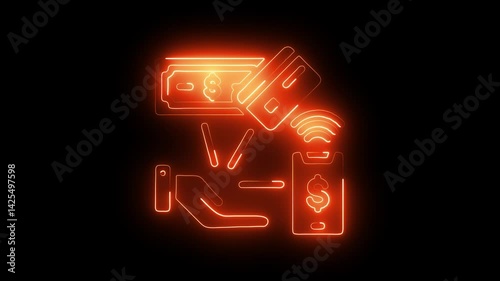 Glowing neon payment-method icon isolated on black background. HD Video motion graphic animation icon