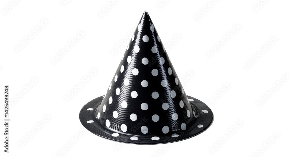 Fototapeta premium Whimsical Witch Hat: A classic black and white polka dot witch hat, perfect for adding a touch of playful mystique to any Halloween celebration or themed event.