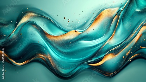 Abstract Flowing Teal and Gold Background with Glittering Accents Design