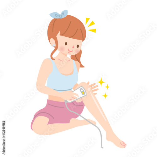 自分で足の脱毛をする若い女性
