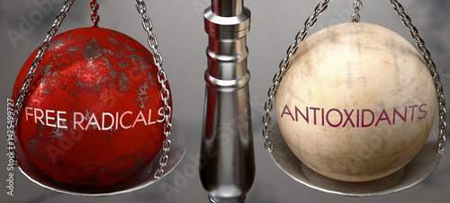 Free Radicals or Antioxidants - weighing two choices, available options. Choosing between free radicals or antioxidants. Two different course of actions. ,3d illustration