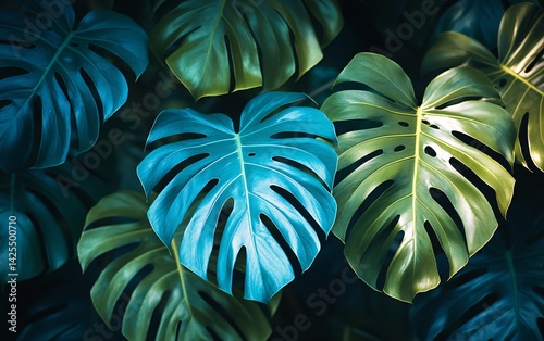 vibrant tropical monstera leaves in green and blue colors for exotic plant decor photo
