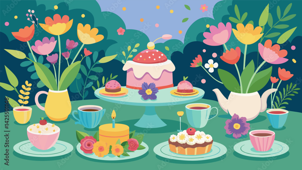 Fototapeta premium A floral tea party is set up in the garden with delicate cups and saucers homemade treats and flower crowns for each guest to wear..