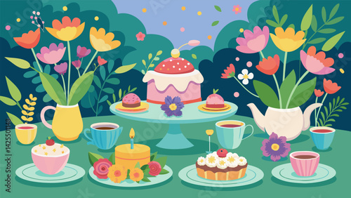 A floral tea party is set up in the garden with delicate cups and saucers homemade treats and flower crowns for each guest to wear..