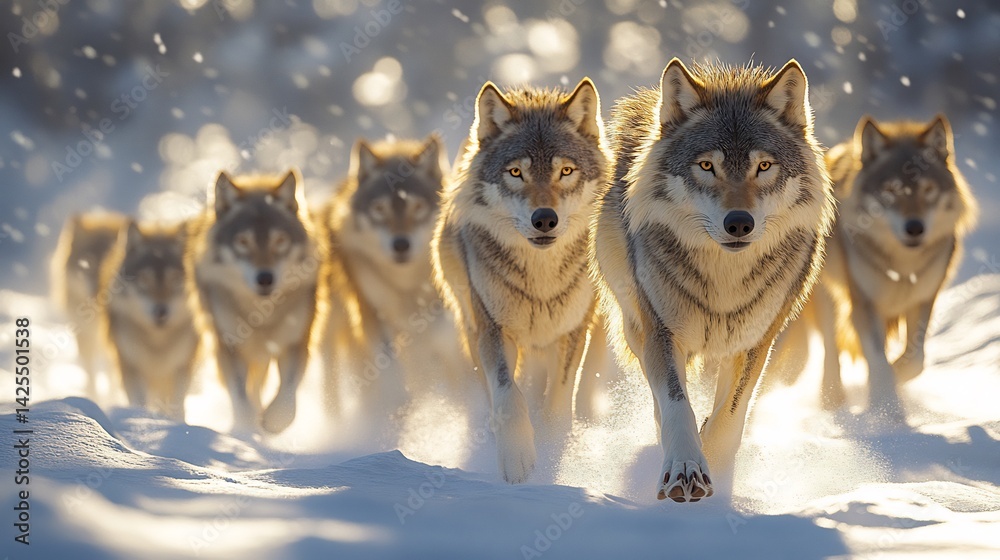 Naklejka premium A dynamic wildlife ecosystem scene showcasing a pack of wolves traversing a frozen tundra