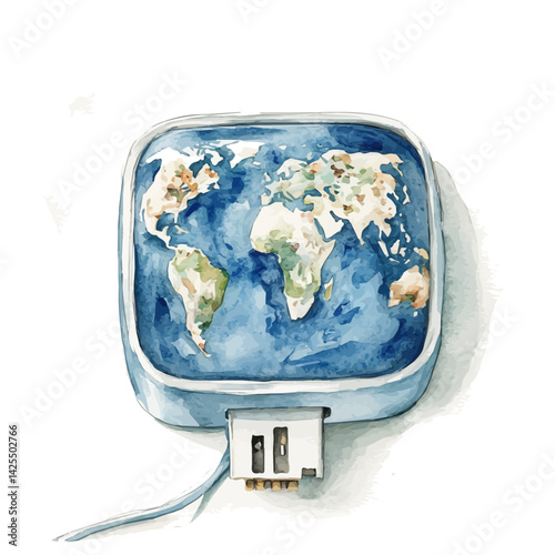 International travel adapter with universal plugs, watercolor illustration, isolated on a white background.

