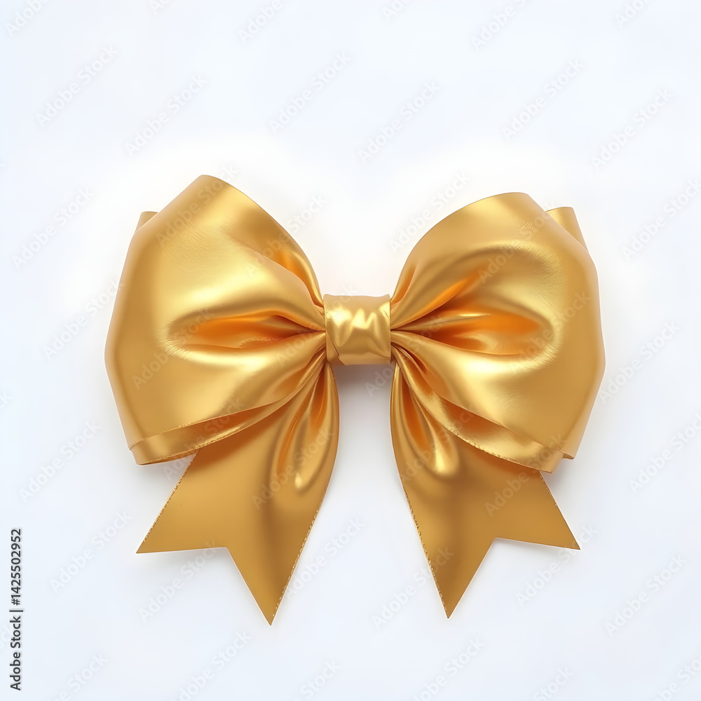 A close-up side view of a large, elegant, and beautiful lush golden bow, glowing against a clean white background A close-up side view of a large, elegant, and beautiful lush golden bow, glowing against a clean white background