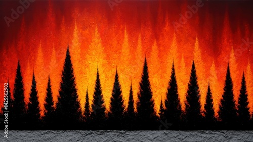 The illustration depicts a haunting scene of trees ablaze in the darkness of night, their fiery glow casting an ominous light on the surrounding landscape