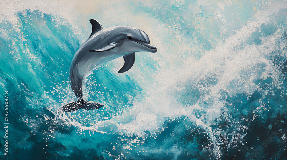 Naklejka premium mammal, eye, fin, fluid, freedom, turquoise, expressive, dynamic, spray, splash, curve, colourful, smooth, shadow, canvas, playful, artwork, artistic, dolphin, wave, vibrant, joyful