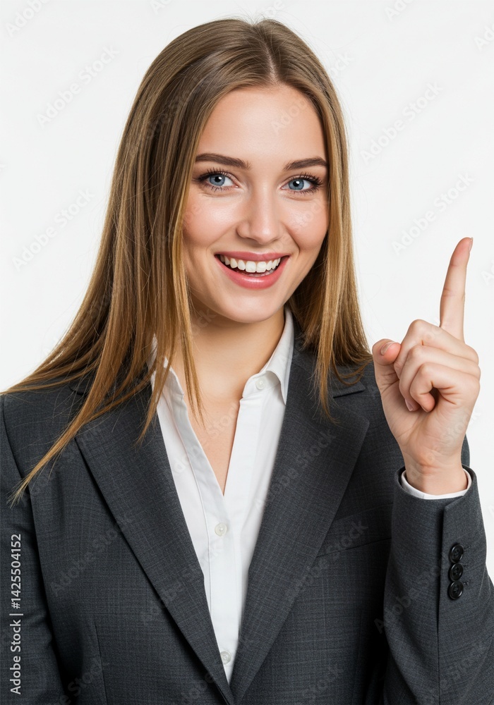 Beautiful woman standing straight pointing her hand up because she got an inspiring idea to solve a business problem Beautiful woman standing straight pointing her hand up because she got an inspiring idea to solve a business problem