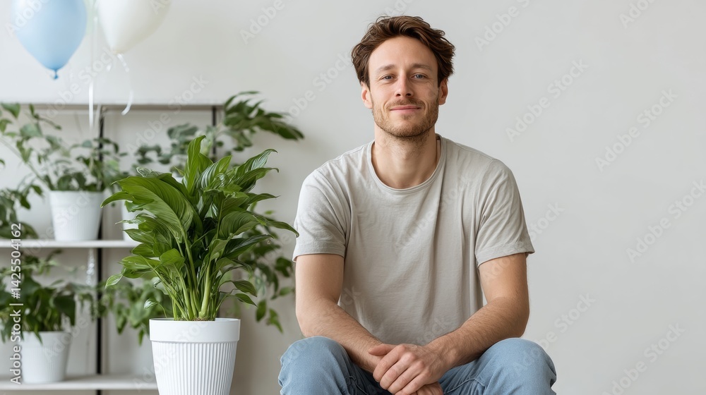 Fototapeta premium Man is sitting in front of a potted plant and a balloon. He is smiling and looking at the camera