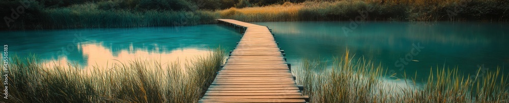 Obraz premium Tranquil landscape with narrow wooden boardwalk over serene lake at sunset