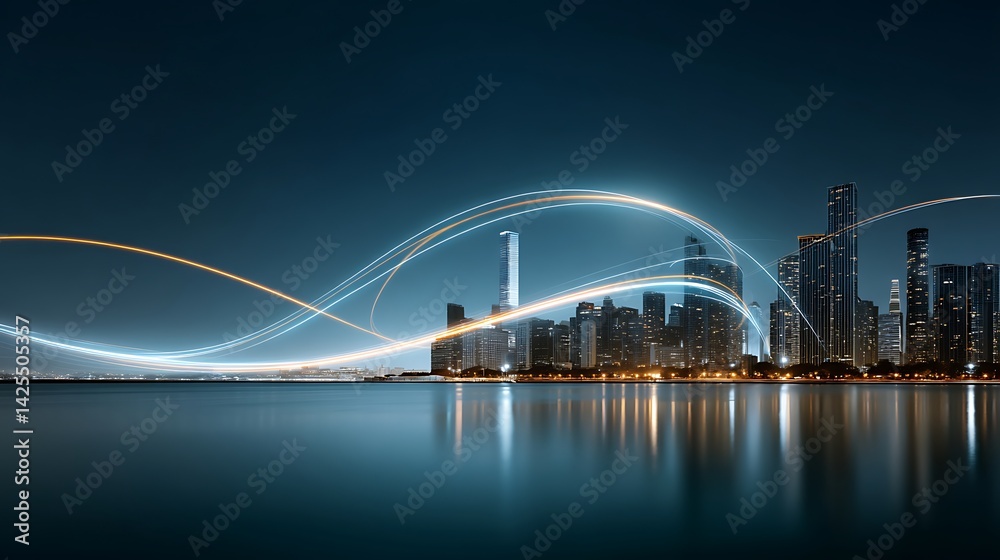 Obraz premium Nighttime Cityscape with Light Trails and Calm Water Reflection in Urban Environment