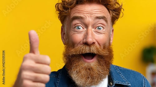 The middle aged man with vibrant red hair and a well groomed beard appears elated as he flashes a warm smile, giving a thumbs up gesture with his hand raised in the air