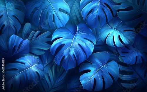 vibrant blue monstera leaves for tropical nature and botanical design photo