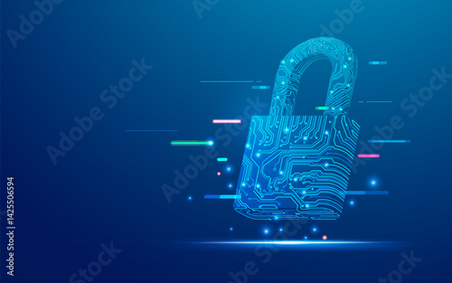 concept of cyber security or programming firewall, graphic of electronic padlock with futuristic cyberspace element 