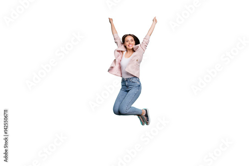 Full length body size view of her she nice-looking pretty lovely attractive cheerful cheery straight-haired lady having fun isolated over bright vivid shine blue green teal turquoise background photo