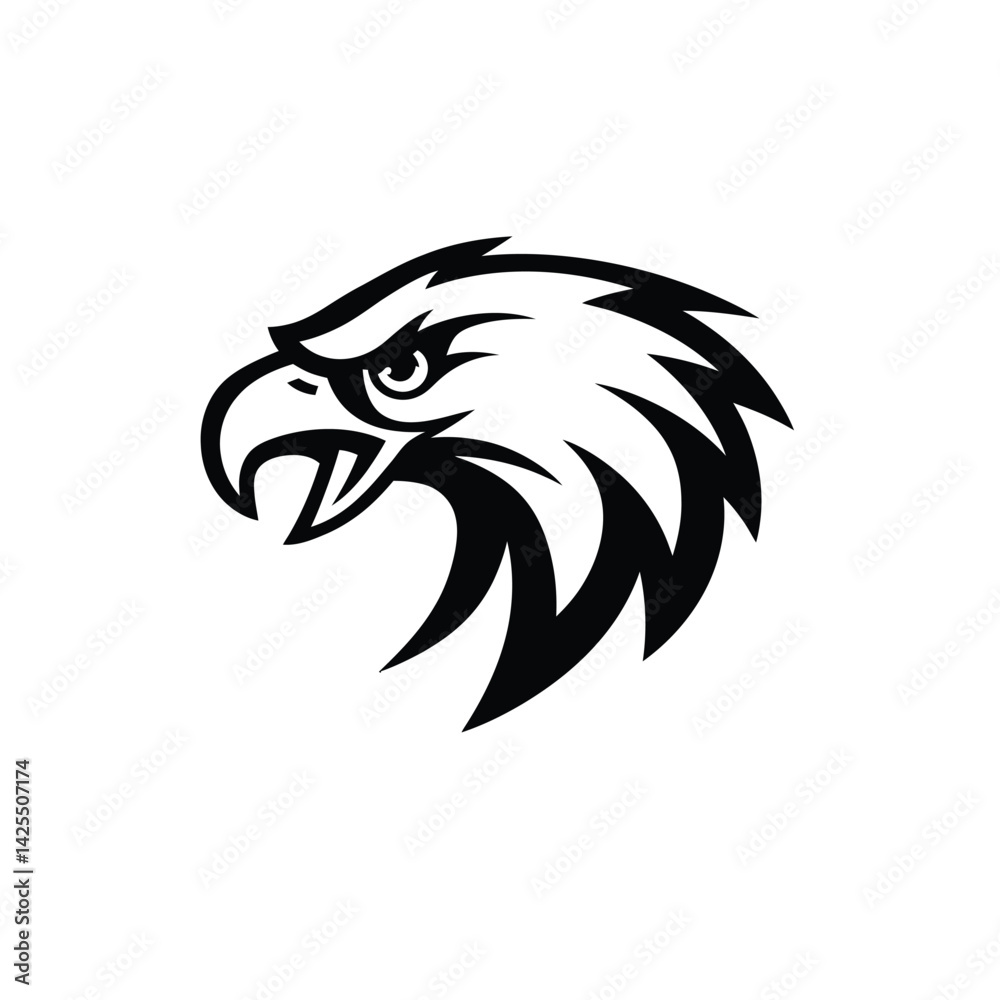 Obraz premium Aggressive Black Silhouette of Eagle Head Vector with Sharp Beak and Stylized Feathers on White Background
